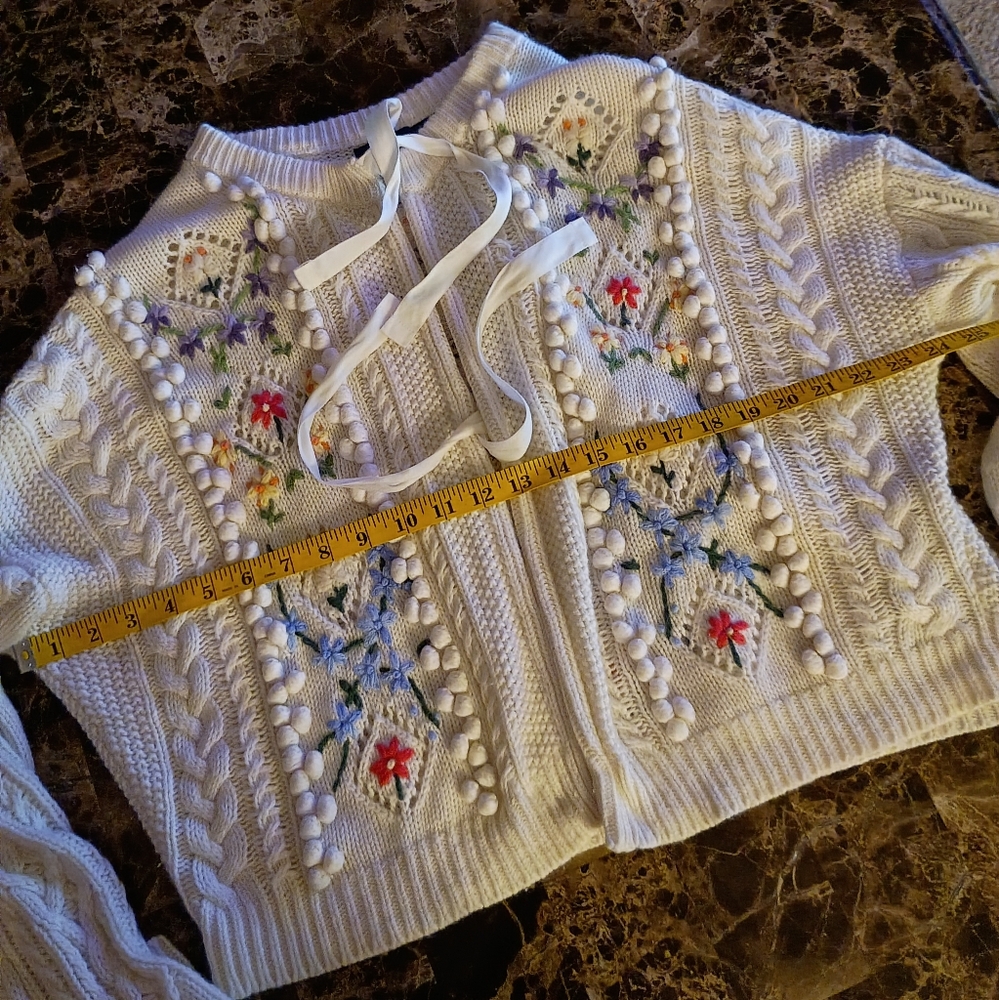 Polo Ralph Lauren Embroidered Floral Chunky Cable Knit Wool Cardigan Sweater - Picture 14 of 16